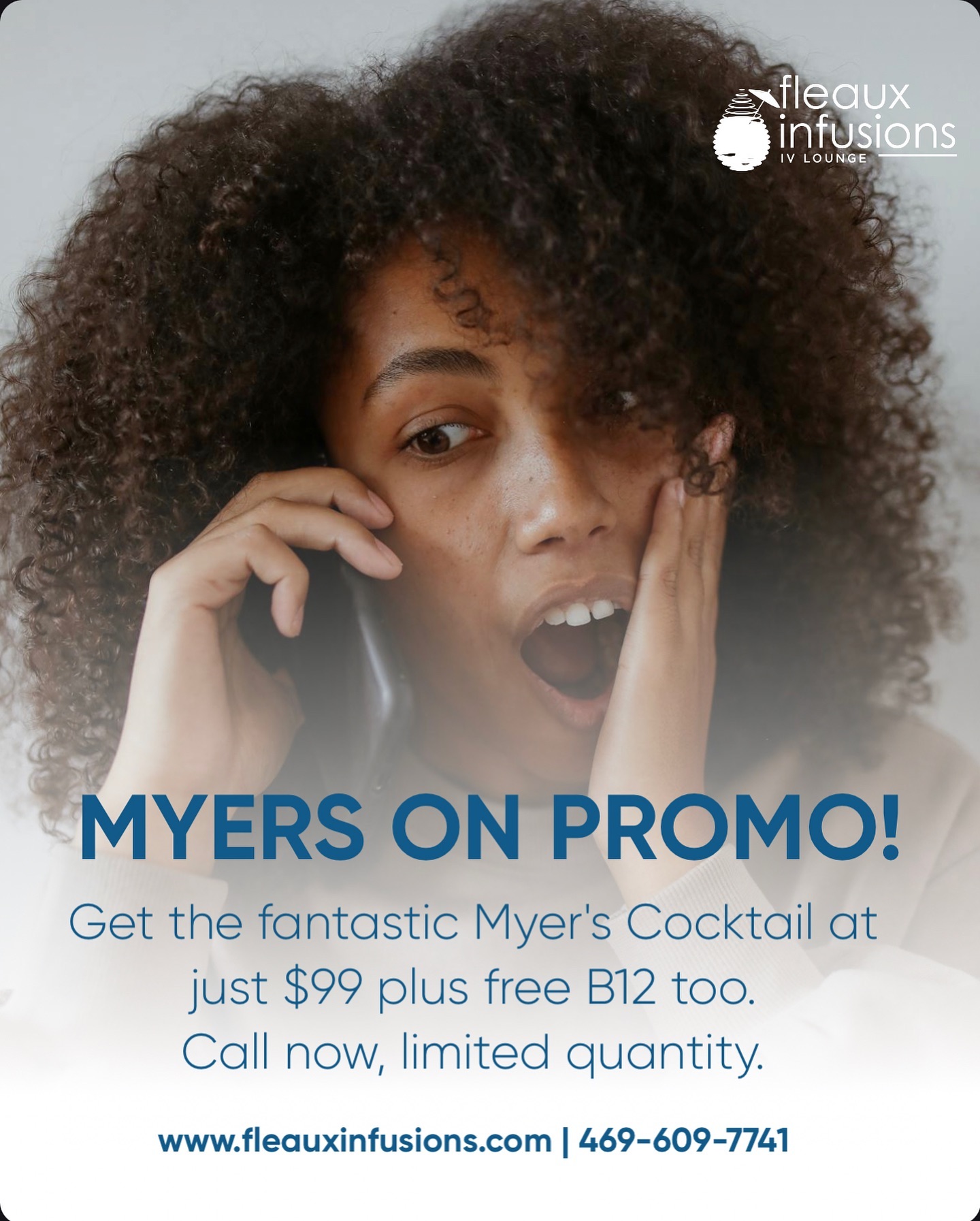 Yes, as Spring springs up on us, Myer’s Cocktail is going for just $99.00, comes with the B12 shot to get you functioning at your best. 

You can call now or go online to pre-book yours. Available from Friday - Friday. PS: You can also pre-purchase now to use at a later date. 

Let’s get it! 💦💪