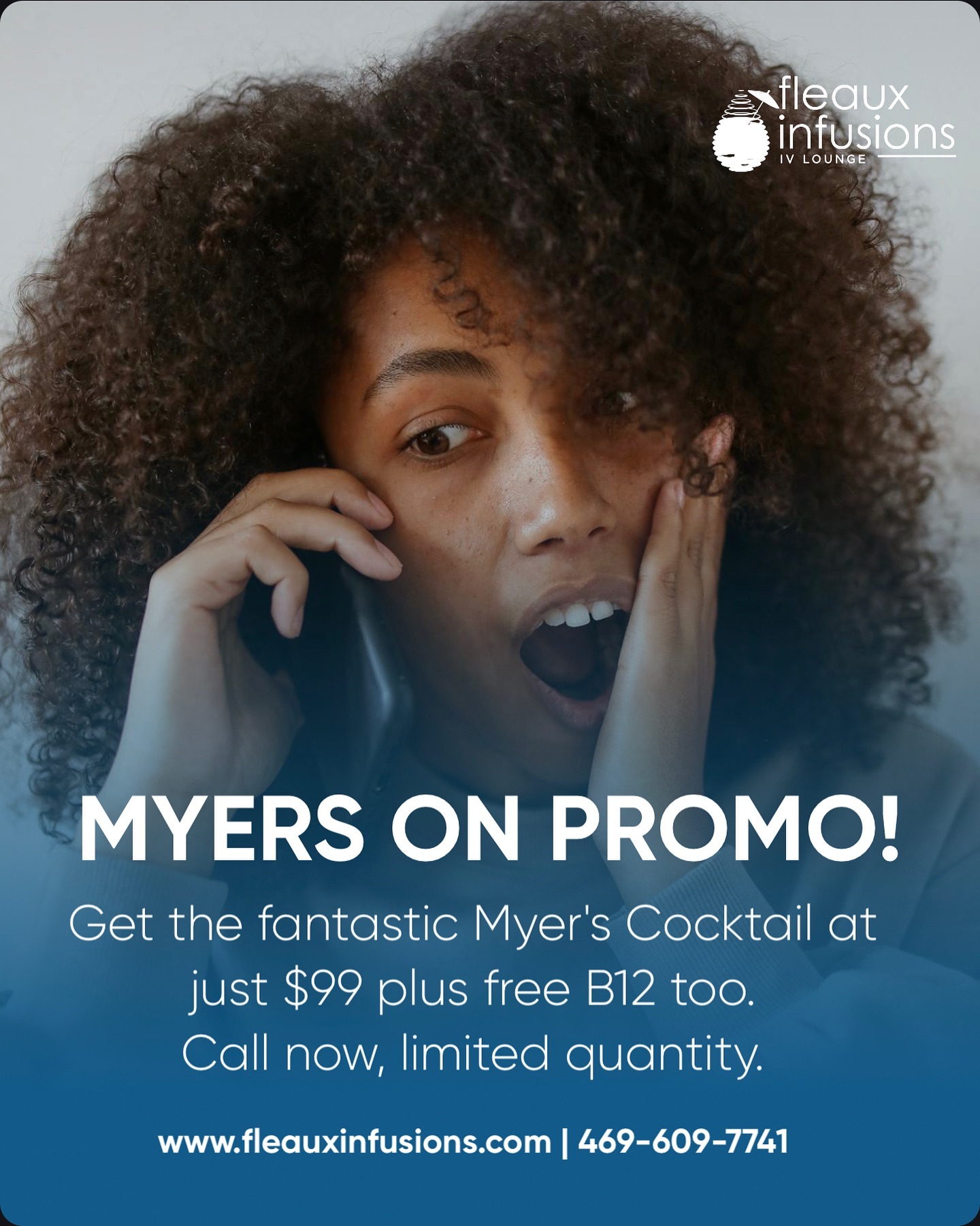 Yes, as Spring springs up on us, Myer’s Cocktail is going for just $99.00, comes with the B12 shot to get you functioning at your best. 

You can call now or go online to pre-book yours. Available from Friday - Friday. PS: You can also pre-purchase now to use at a later date. 

Let’s get it! 💦💪